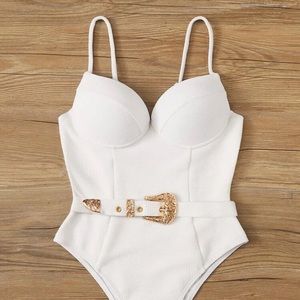 White gold belted one piece bikini